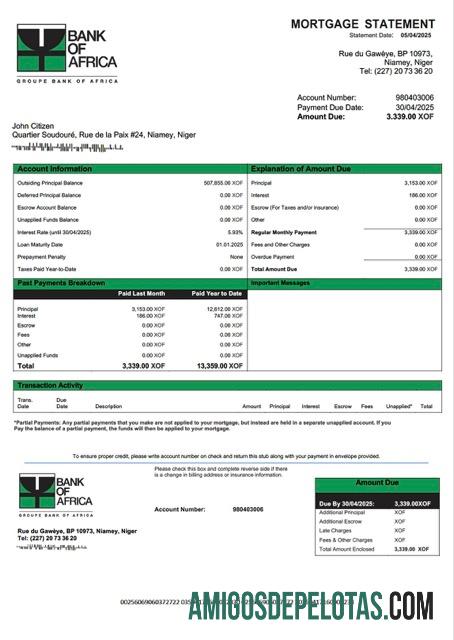 em branco Modelo Word e PDF de declaração de hipoteca do Banco da África do Níger